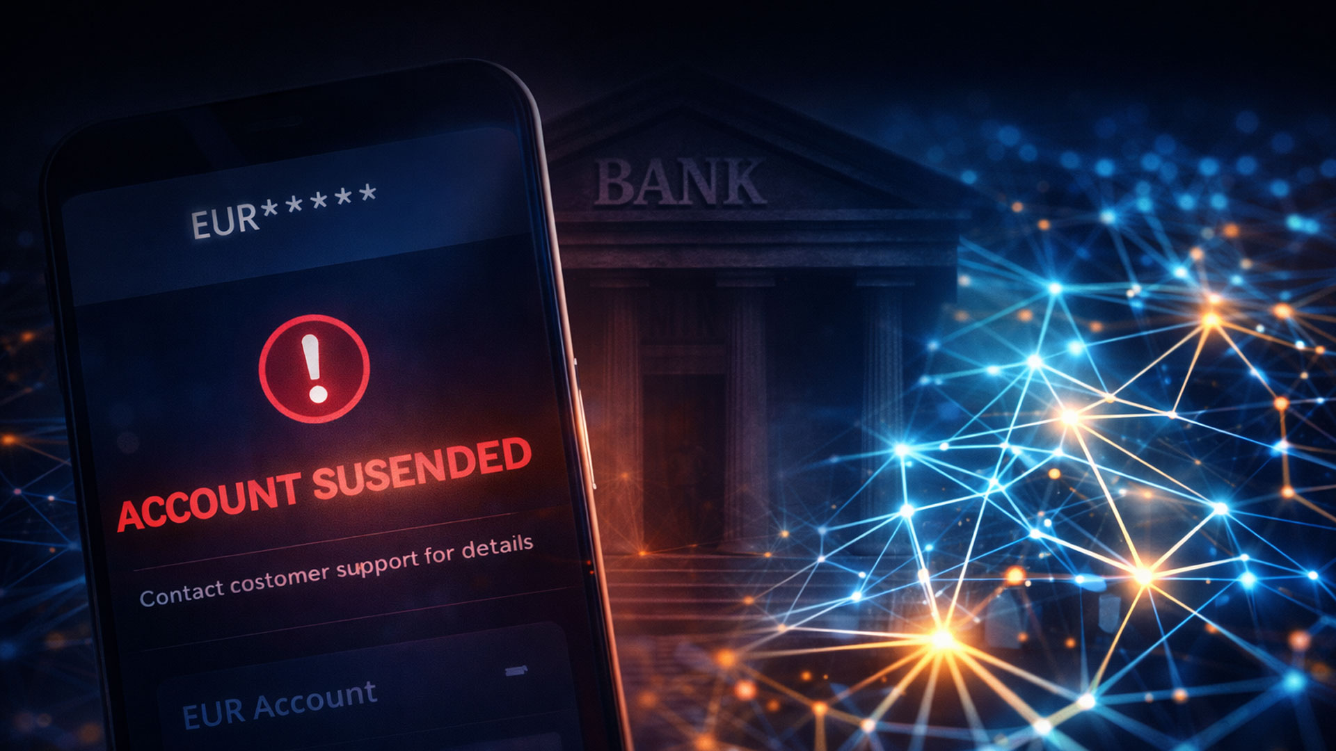 Gesperrtes EUR-Konto auf Smartphone im Kontrast zu dezentralem Blockchain-Netzwerk als Symbol für Kontrolle und Freiheit