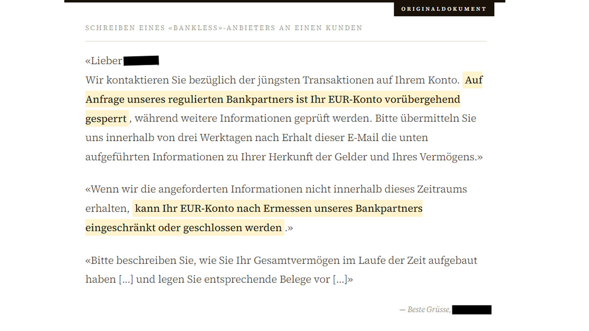 Screenshot eines Kontosperrungsschreibens eines Bankless-Anbieters mit hervorgehobenen Schlüsselstellen zur Sperrung und Einschränkung des EUR-Kontos