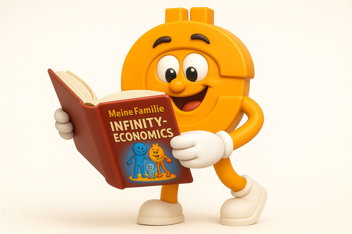 XINi entdeckt seine Familie Comic-Figur in Münzform liest das Buch „Meine Familie Infinity-Economics“