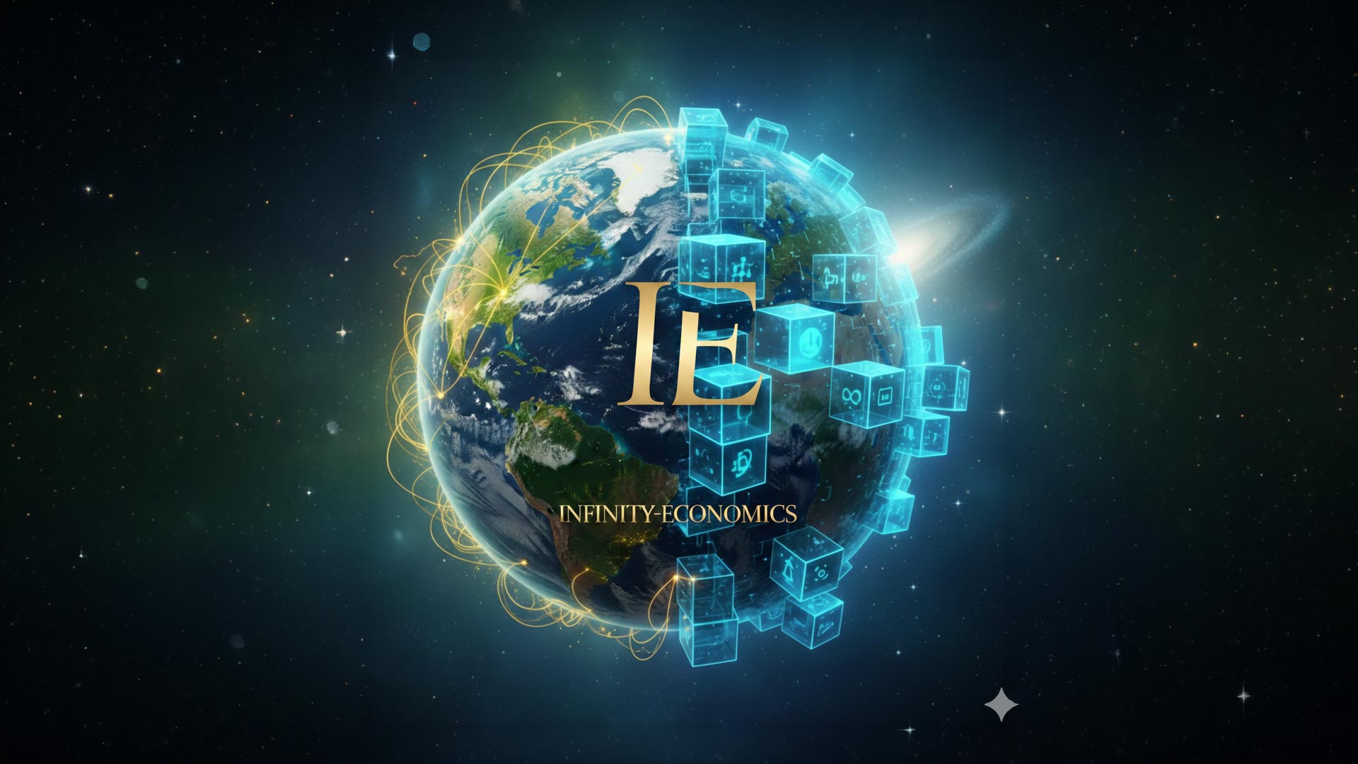 Eine stilisierte Erde, die von einem leuchtenden digitalen Netzwerk und Blockchain-Blöcken umschlossen ist, mit dem Infinity-Economics Logo.