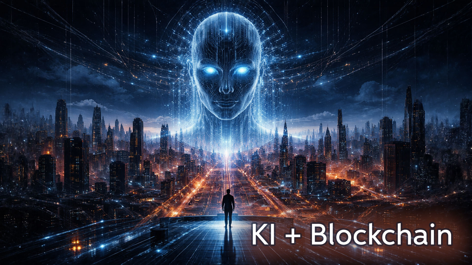 Mensch steht vor futuristischer Stadt, überwacht von einer künstlichen Intelligenz – Symbol für Kontrolle durch KI und Blockchain