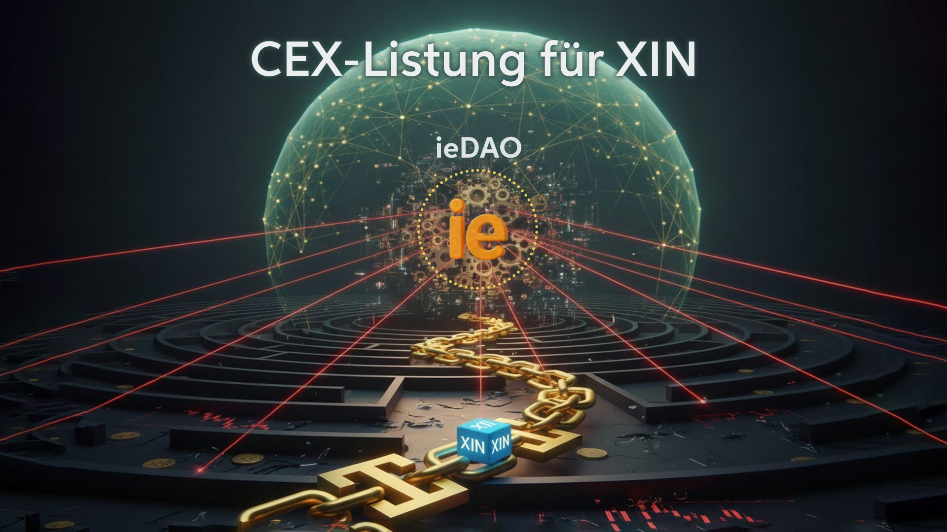 Eine stilisierte Darstellung einer geschützten Blockchain-Struktur unter einer Glaskuppel, die von äusseren roten Laserstrahlen (Marktdruck) umgeben ist.